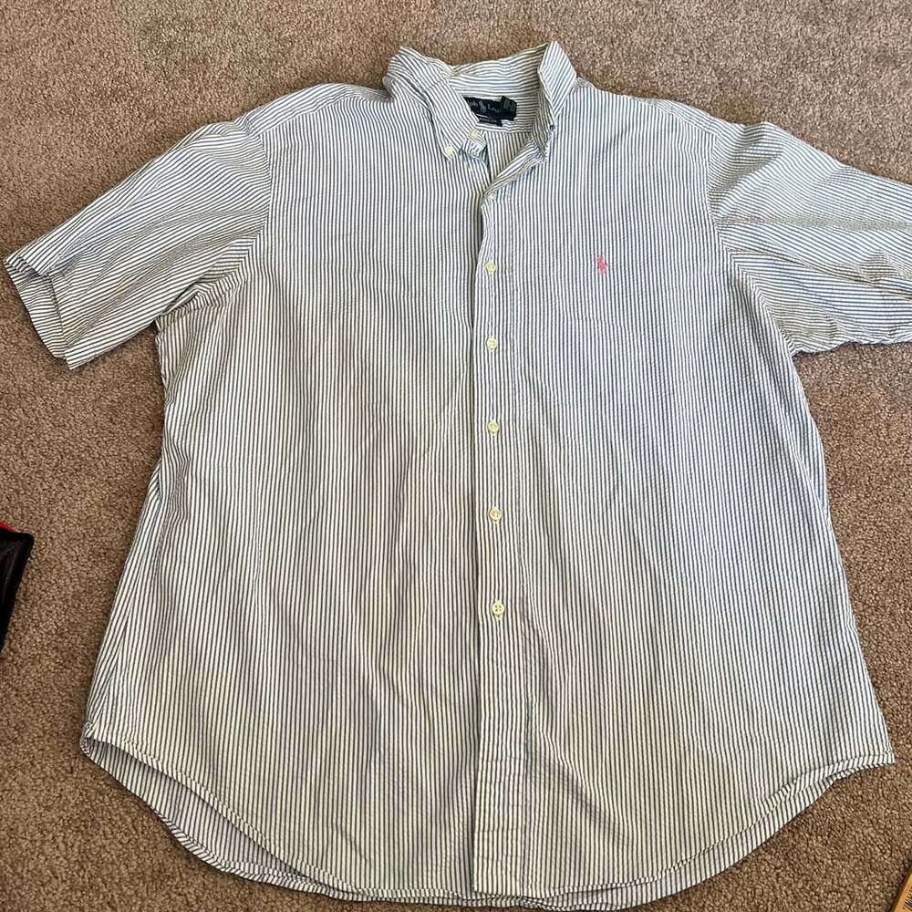 Ralph Lauren Classic Blue White Striped Seersucker Short Sleeve Shirt Size XL